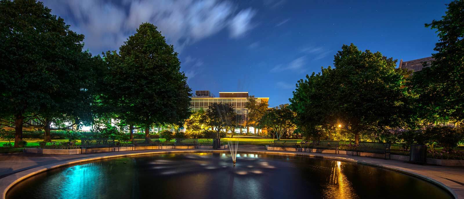 Photograph of the Michigan State University campus at dusk.